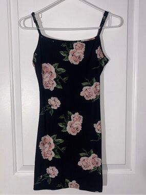 Streetwear Society Black Slip Dress with Pink Rose Print
